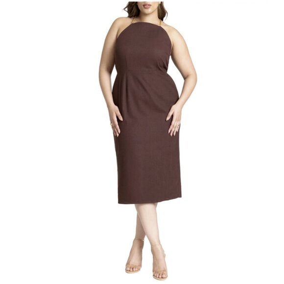 Chocolate Brown Chain Detail Halter Midi Eloquii Dress 16 - Picture 1 of 14